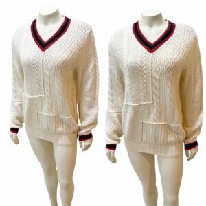 Diesel White Patchwork Cable knit V-Neck Cricket Sweater size Large